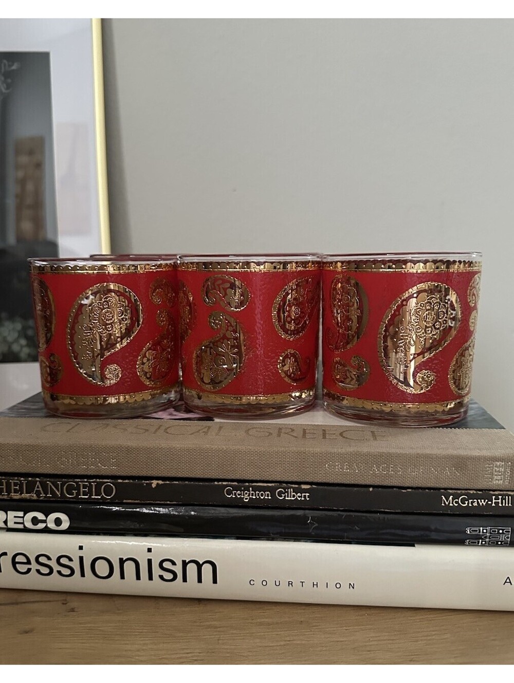6 Culver On the Rocks 3.5" Glasses Tumblers Barware 22K Gold Red Paisley MCM